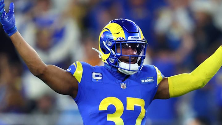 Jan 13, 2025; Glendale, AZ, USA; Los Angeles Rams safety Quentin Lake (37) reacts during the second half against the Minnesota Vikings in an NFC wild card game at State Farm Stadium. Mandatory Credit: Mark J. Rebilas-Imagn Images