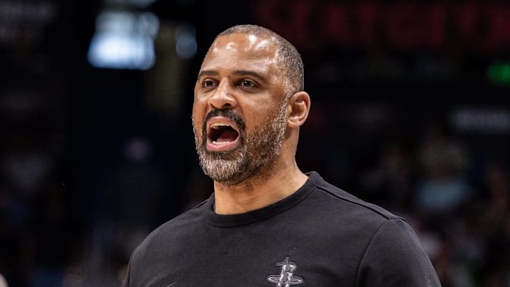 Mar 29, 2026; New Orleans, Louisiana, USA;  Houston Rockets Head Coach Ime Udoka yells against the New Orleans Pelicans during the first half at Smoothie King Center. Mandatory Credit: Stephen Lew-Imagn Images