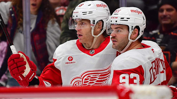 Nov 15, 2024; Anaheim, California, USA; Detroit Red Wings right wing Alex DeBrincat (93) celebrates his goal scored against the Anaheim Ducks with right wing Patrick Kane (88) during the third period at Honda Center. Mandatory Credit: Gary A. Vasquez-Imagn Images Nov 15, 2024; Anaheim, California, USA; Detroit Red Wings right wing Alex DeBrincat (93) celebrates his goal scored against the Anaheim Ducks with right wing Patrick Kane (88) during the third period at Honda Center. Mandatory Credit: Gary A. Vasquez-Imagn Images