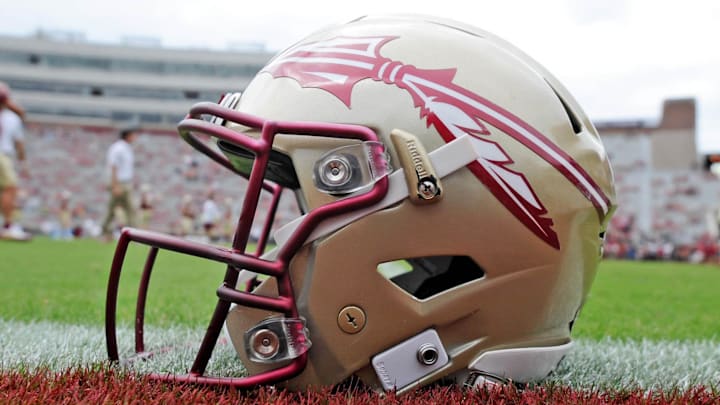 Oct 7, 2017; Tallahassee, FL, USA; View of a Florida State Seminoles helmet on the field before the game against the Miami Hurricanes at Doak Campbell Stadium. Mandatory Credit: Melina Vastola-Imagn Images