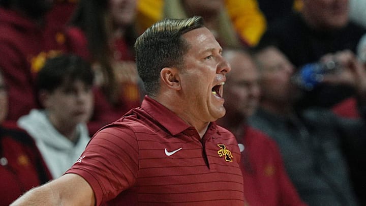 Iowa State Cyclones men's basketball head coach T.J. Otzelberger calls a play from the bench against Alcorn State Braves during the first half on Dec. 3, 2025, at Hilton Coliseum, in Ames, Iowa. Iowa State Cyclones men's basketball head coach T.J. Otzelberger calls a play from the bench against Alcorn State Braves during the first half on Dec. 3, 2025, at Hilton Coliseum, in Ames, Iowa.
