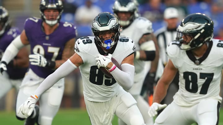 Aug 9, 2024; Baltimore, Maryland, USA; Philadelphia Eagles wide receiver Johnny Wilson (89) gains yards after his first quarter catch against the Baltimore Ravens at M&T Bank Stadium. Mandatory Credit: Mitch Stringer-Imagn Images