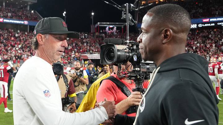 Santa Clara, California, USA; San Francisco 49ers head coach Kyle Shanahan (left) shakes hands with Atlanta Falcons head coach Raheem Morris (right) after the game at Levi's Stadium. Mandatory Credit: Darren Yamashita-Imagn Images