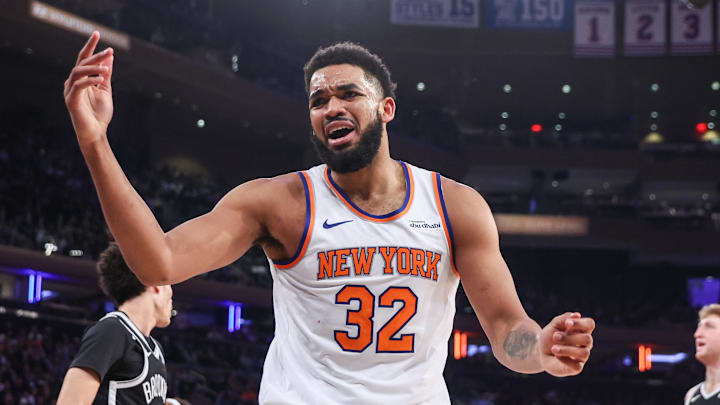 Jan 21, 2026; New York, New York, USA;  New York Knicks center Karl-Anthony Towns (32) reacts after a no-call in the second quarter against the Brooklyn Nets at Madison Square Garden. Mandatory Credit: Wendell Cruz-Imagn Images
