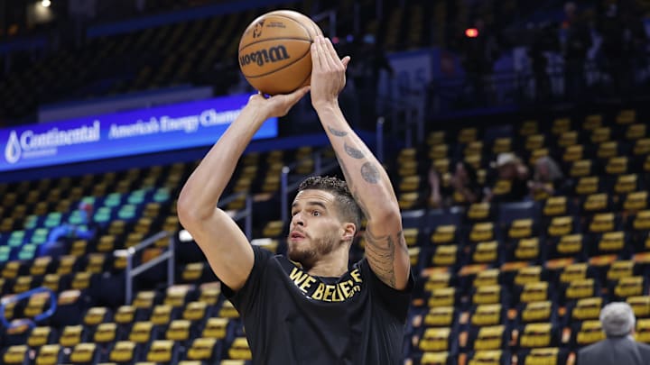 May 7, 2025; Oklahoma City, Oklahoma, USA; Denver Nuggets forward Michael Porter Jr. warms up before the start of game two of the second round against the Oklahoma City Thunder for the 2025 NBA Playoffs at Paycom Center. Mandatory Credit: Alonzo Adams-Imagn Images