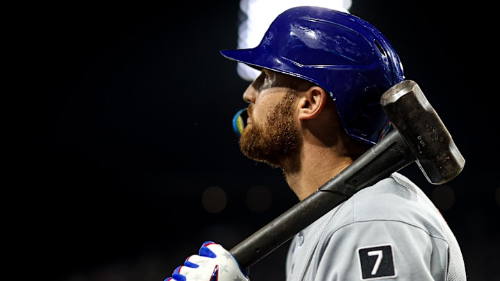 Sep 11, 2025; Philadelphia, Pennsylvania, USA; New York Mets outfielder Brandon Nimmo (9) in a game against the Philadelphia Phillies at Citizens Bank Park. Mandatory Credit: Bill Streicher-Imagn Images Sep 11, 2025; Philadelphia, Pennsylvania, USA; New York Mets outfielder Brandon Nimmo (9) in a game against the Philadelphia Phillies at Citizens Bank Park. Mandatory Credit: Bill Streicher-Imagn Images