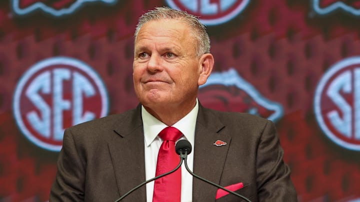 Arkansas Razorbacks coach Sam Pittman talks to the media during the SEC Media Days at the College Football Hall of Fame. 