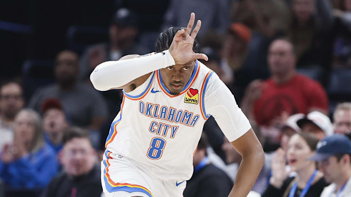 Oct 17, 2024; Oklahoma City, Oklahoma, USA; Oklahoma City Thunder forward Jalen Williams (8) gestures after scoring against the Atlanta Hawks during the first quarter at Paycom Center. Mandatory Credit: Alonzo Adams-Imagn Images Oct 17, 2024; Oklahoma City, Oklahoma, USA; Oklahoma City Thunder forward Jalen Williams (8) gestures after scoring against the Atlanta Hawks during the first quarter at Paycom Center. Mandatory Credit: Alonzo Adams-Imagn Images