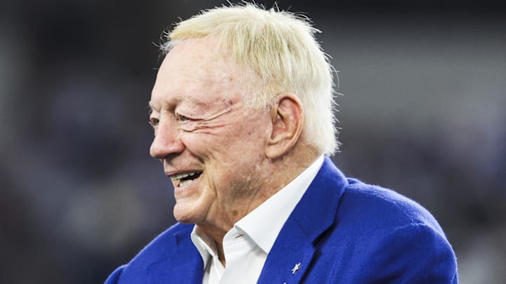 Dallas Cowboys owner Jerry Jones stands on the field during pregame warmups against the Los Angeles Chargers.
