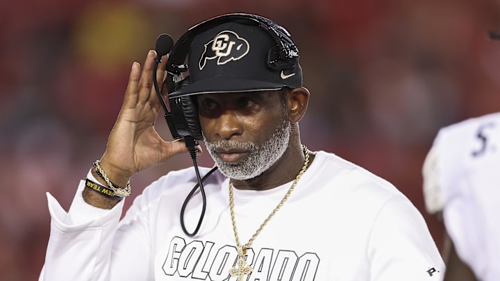 Sep 12, 2025; Houston, Texas, USA; Colorado Buffaloes head coach Deion Sanders reacts during the second quarter against the Houston Cougars at TDECU Stadium.