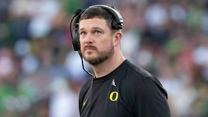 Oregon head coach Dan Lanning looks to the clock towards the end of the first half as the Oregon Ducks face the Ohio State Buckeyes Wednesday, Jan. 1, 2025, in the quarterfinal of the College Football Playoff at the Rose Bowl in Pasadena, Calif.