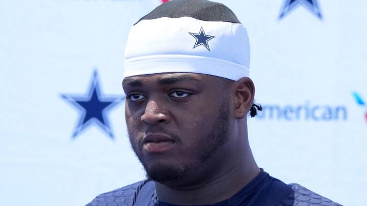 Dallas Cowboys offensive lineman Tyler Smith at training camp press conference at the River Ridge Fields. Dallas Cowboys offensive lineman Tyler Smith at training camp press conference at the River Ridge Fields.