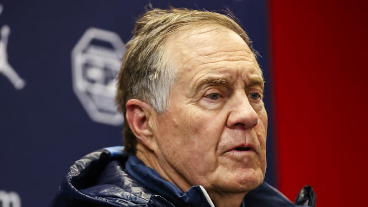 Nov 29, 2025; Raleigh, North Carolina, USA;  North Carolina Tar Heels head coach Bill Belichick addresses the media after the second half of the game against NC State Wolfpack at Carter-Finley Stadium.  Mandatory Credit: Jaylynn Nash-Imagn Images