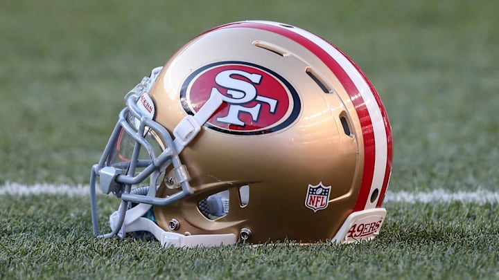 Aug 20, 2016; Denver, CO, USA; A general view of the San Francisco 49ers helmet before game against the Denver Broncos at Sports Authority Field at Mile High. The 49ers beat the Broncos 31-24. Mandatory Credit: Troy Babbitt-Imagn Images