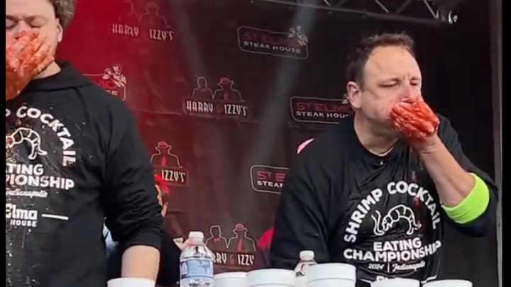 Joey Chestnut competes in an eating contest.