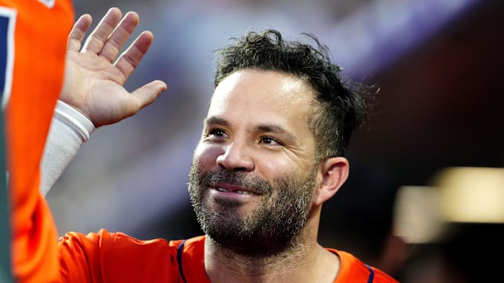 Jul 2, 2025; Denver, Colorado, USA; Houston Astros second baseman Jose Altuve (27) reacts in the sixth inning against the Colorado Rockies at Coors Field.