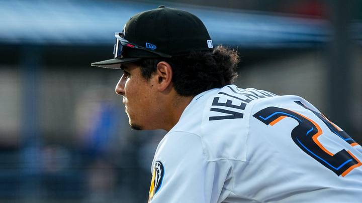 Akron infielder Ralphy Velazquez (24) during the home opening day game against Reading, April 2, 2026, in Akron, Ohio. Akron infielder Ralphy Velazquez (24) during the home opening day game against Reading, April 2, 2026, in Akron, Ohio.