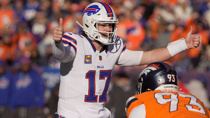 Buffalo Bills quarterback Josh Allen signals to the offensive line a play during first half action at Empower FIeld at Mile High in Denver, Colorado on Jan. 17, 2026.