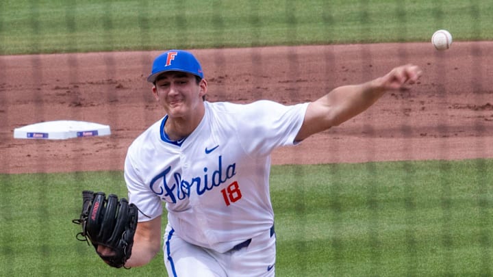 Florida pitcher Pierce Coppola (18) was the starer for the Gators against Kentucky, Friday, May 10, 2024, at Condron Family Ballpark in Gainesville, Florida. The Gators lost 12-11 in extra innings. [Cyndi Chambers/ Gainesville Sun] 2024