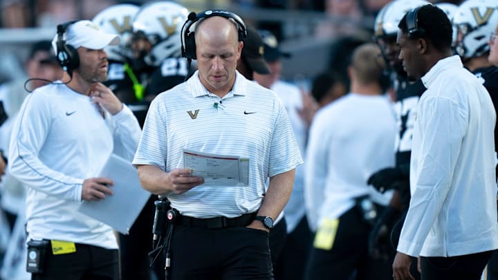 Vanderbilt Commodores Head Coach Clark Lea prepares for their game against the Alcorn State Braves during their Southeastern Athletic Conference game at FirstBank Stadium in Nashville, Tenn., Saturday, Sept. 7, 2024. Vanderbilt Commodores Head Coach Clark Lea prepares for their game against the Alcorn State Braves during their Southeastern Athletic Conference game at FirstBank Stadium in Nashville, Tenn., Saturday, Sept. 7, 2024.