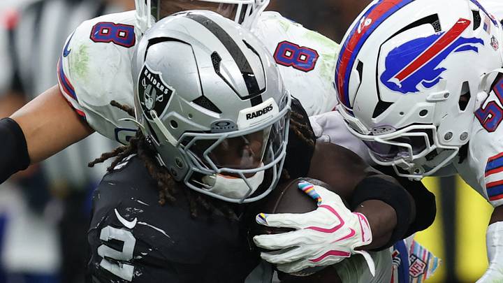 Oct 18, 2026; Paradise, Nevada, USA; Las Vegas Raiders running back Ashton Jeanty (2) is tackled by Buffalo Bills linebacker TJ Parker (99) in the third quarter at Allegiant Stadium. Mandatory Credit: David Brytus-Imagn Images Oct 18, 2026; Paradise, Nevada, USA; Las Vegas Raiders running back Ashton Jeanty (2) is tackled by Buffalo Bills linebacker TJ Parker (99) in the third quarter at Allegiant Stadium. Mandatory Credit: David Brytus-Imagn Images
