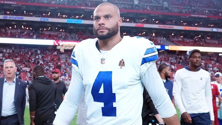 Sep 24, 2023; Glendale, Arizona, USA; Dallas Cowboys quarterback Dak Prescott (4) leaves the field after the game against the Arizona Cardinals at State Farm Stadium. Mandatory Credit: Joe Camporeale-Imagn Images Sep 24, 2023; Glendale, Arizona, USA; Dallas Cowboys quarterback Dak Prescott (4) leaves the field after the game against the Arizona Cardinals at State Farm Stadium. Mandatory Credit: Joe Camporeale-Imagn Images