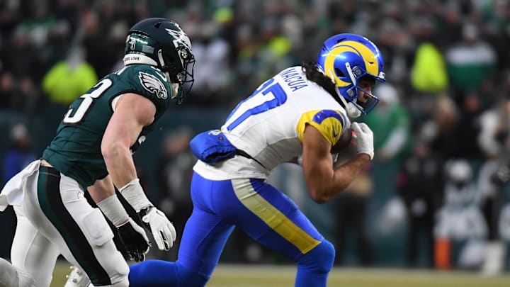 Jan 19, 2025; Philadelphia, Pennsylvania, USA; Los Angeles Rams wide receiver Puka Nacua (17) runs with the ball against the Philadelphia Eagles in a 2025 NFC divisional round game at Lincoln Financial Field. Mandatory Credit: Eric Hartline-Imagn Images