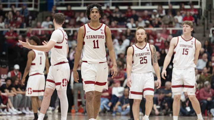 Jan 24, 2026; Stanford, California, USA;  Stanford Cardinal guard Ryan Agarwal (11) and his teammates prepare to play during the second half against the California Golden Bears at Maples Pavilion. Mandatory Credit: Stan Szeto-Imagn Images