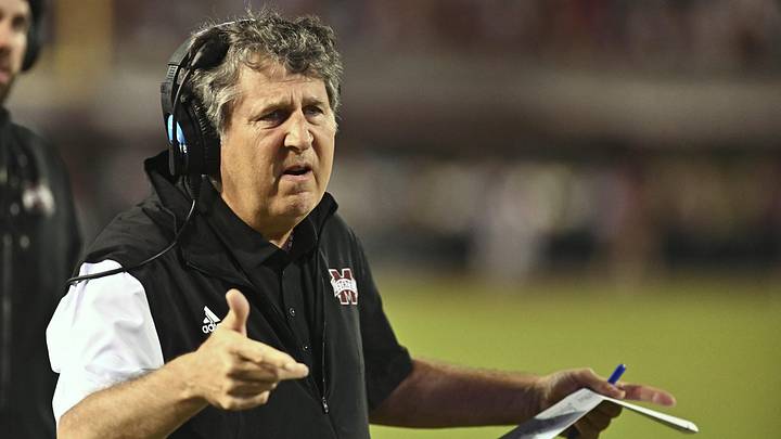 Sep 3, 2022; Starkville, Mississippi, USA; Mississippi State Bulldogs head coach Mike Leach reacts after a play against the Memphis Tigers during the fourth quarter at Davis Wade Stadium at Scott Field. Mandatory Credit: Matt Bush-Imagn Images