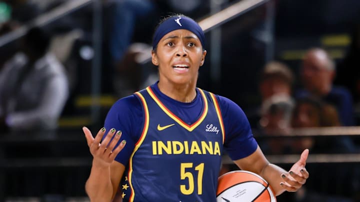 May 28, 2025; Washington, District of Columbia, USA; Indiana Fever guard Sydney Colson (51) reacts to a call from the referee in the first quarter against the Washington Mystics at Entertainment & Sports Arena. Mandatory Credit: Emily Faith Morgan-Imagn Images