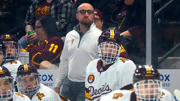 Arizona State men's hockey coach Greg Powers, shown behind the Sun Devils bench, spoke publicly Wednesday for the first time since Matthew Mayich collapsed during an Aug. 20 team workout. Arizona State men's hockey coach Greg Powers, shown behind the Sun Devils bench, spoke publicly Wednesday for the first time since Matthew Mayich collapsed during an Aug. 20 team workout.