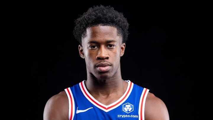 Sep 26, 2025; Camden, NJ, USA; Philadelphia 76ers VJ Edgecombe (77) poses for a photo during media day. Mandatory Credit: Bill Streicher-Imagn Images