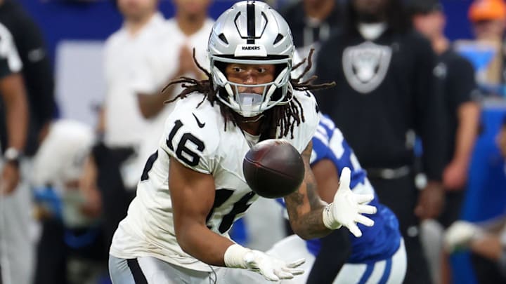 Oct 5, 2025; Indianapolis, Indiana, USA; Las Vegas Raiders wide receiver Jakobi Meyers (16) makes a catch against the Indianapolis Colts during the second half at Lucas Oil Stadium. Mandatory Credit: Trevor Ruszkowski-Imagn Images 