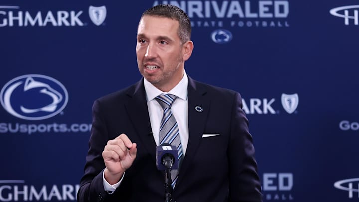 Dec 8, 2025; University Park, PA, USA; Matt Campbell is announced as the Penn State Nittany Lions new head coach during a press conference at the Beaver Stadium Press Room. Mandatory Credit: Matthew O'Haren-Imagn Images