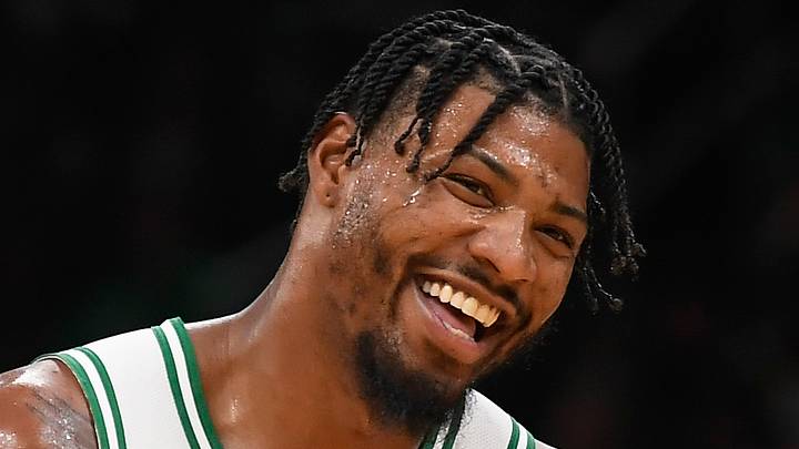 Mar 11, 2022; Boston, Massachusetts, USA;  Boston Celtics guard Marcus Smart (36) laughs during the second half against the Detroit Pistons at TD Garden. Mandatory Credit: Bob DeChiara-USA TODAY Sports