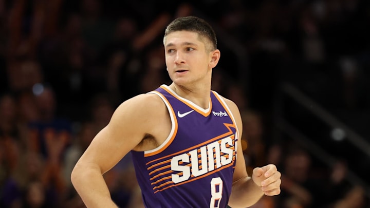 Nov 10, 2025; Phoenix, Arizona, USA; Phoenix Suns guard Grayson Allen (8) against the New Orleans Pelicans in the second half at the Mortgage Matchup Center. Mandatory Credit: Mark J. Rebilas-Imagn Images