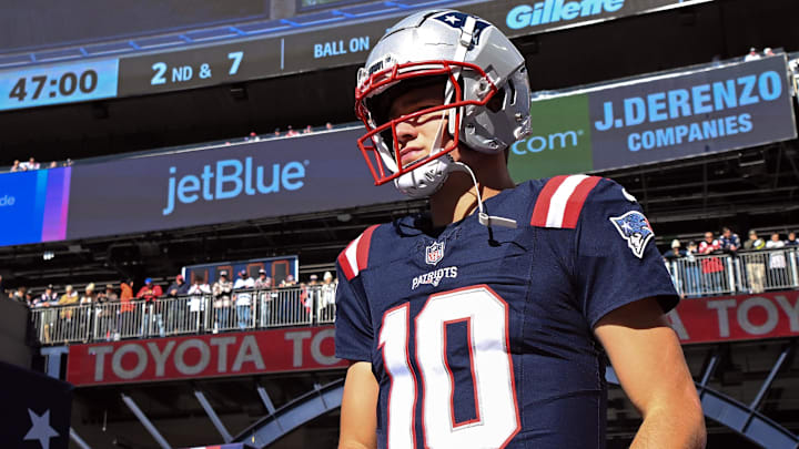 Oct 27, 2024; Foxborough, Massachusetts, USA; New England Patriots quarterback Drake Maye (10) walks onto the field before a game against the New York Jets at Gillette Stadium. Mandatory Credit: Brian Fluharty-Imagn Images
