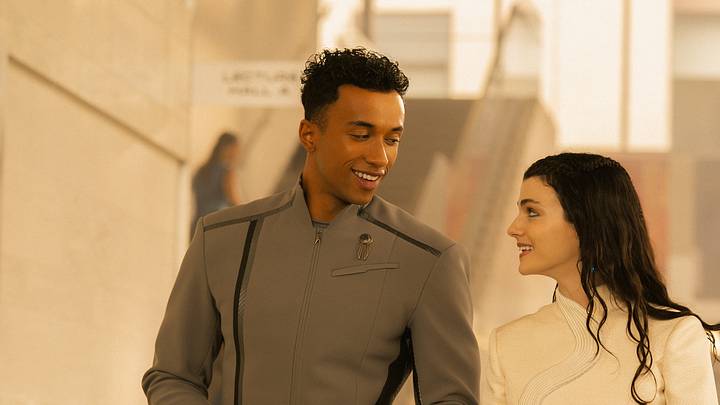 L-R: Sandro Rosta as Caleb Mir and Zoë Steiner as Tarima Sadal in Star Trek: Starfleet Academy, episode 2, season 1, streaming on Paramount+, 2025. Photo Credit: John Medland/Paramount+.