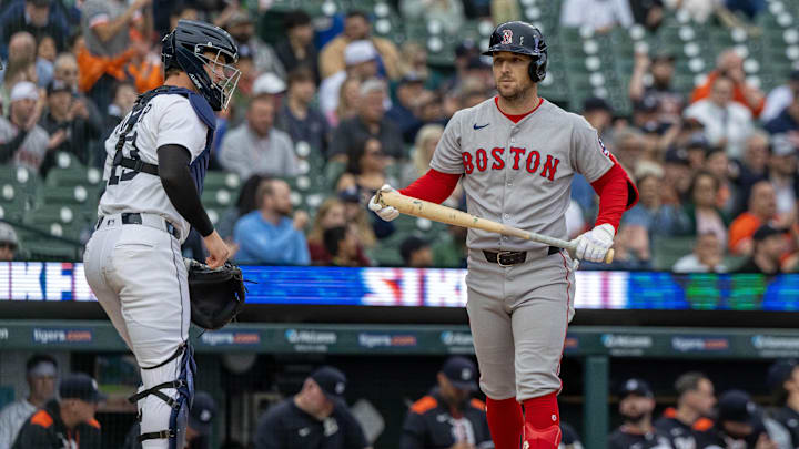 May 13, 2025; Detroit, Michigan, USA; Boston Red Sox third base Alex Bregman (2) strikes out to end the first inning against the Detroit Tigers at Comerica Park. Mandatory Credit: David Reginek-Imagn Images
