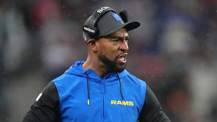 Oct 19, 2025; London, United Kingdom; Los Angeles Rams pass game coordinator Aubrey Pleasant reacts after a play against the Jacksonville Jaguars during the first half of an NFL International Series game at Wembley Stadium. Mandatory Credit: Kirby Lee-Imagn Images