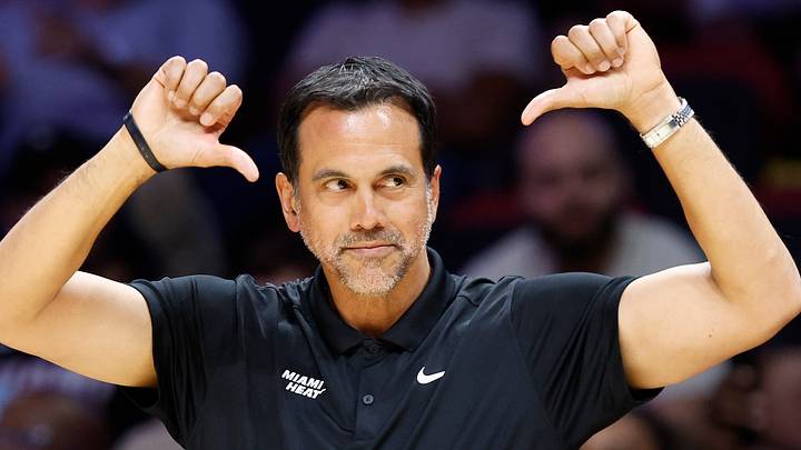 Miami Heat head coach Erik Spoelstra reacts (Mandatory Credit: Rhona Wise-Imagn Images)