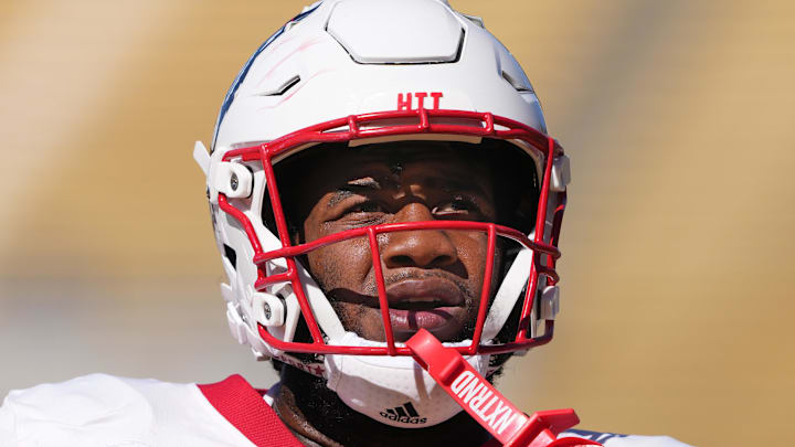 Oct 19, 2024; Berkeley, California, USA; North Carolina State Wolfpack offensive tackle Jacarrius Peak (65) before the game against the California Golden Bears at California Memorial Stadium. Mandatory Credit: Darren Yamashita-Imagn Images