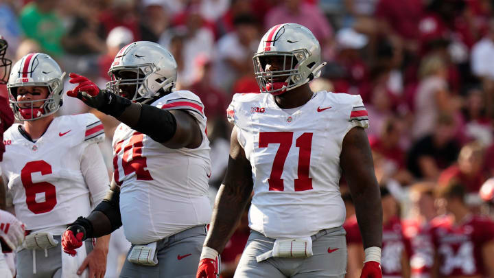 Sep 2, 2023; Bloomington, Indiana, USA; Ohio State Buckeyes offensive lineman Josh Simmons (71) lines up beside offensive lineman Donovan Jackson (74) during the NCAA football game at Indiana University Memorial Stadium. Ohio State won 23-3.