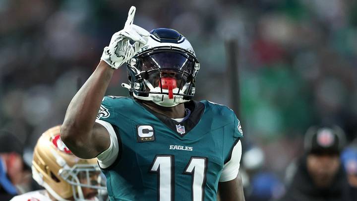 Philadelphia Eagles wide receiver A.J. Brown (11) celebrates first down against the San Francisco 49ers Philadelphia Eagles wide receiver A.J. Brown (11) celebrates first down against the San Francisco 49ers