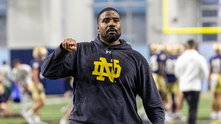 Notre Dame defensive line coach Al Washington during Notre Dame Spring Practice on Wednesday, March 22, 2023, at Irish Athletics Center in South Bend, Indiana.