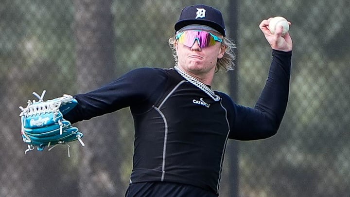 Detroit Tigers minor league outfielder Max Clark works out during spring training at TigerTown in Lakeland on Friday, Feb. 20, 2025.