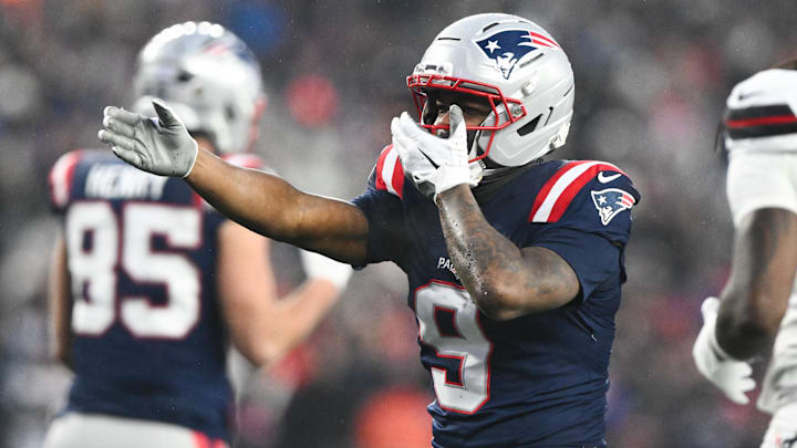 Jan 18, 2026; Foxborough, MA, USA; iNew England Patriots wide receiver Kayshon Boutte (9) reacts after a play in the second quarter against the Houston Texans in an AFC Divisional Round game at Gillette Stadium. Mandatory Credit: Brian Fluharty-Imagn Images