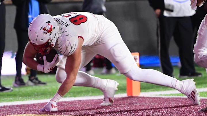 Oct 25, 2024; Chestnut Hill, Massachusetts, USA; Louisville Cardinals tight end Nate Kurisky (85) scores a touchdown against the Boston College Eagles during the second half at Alumni Stadium. Mandatory Credit: Eric Canha-Imagn Images