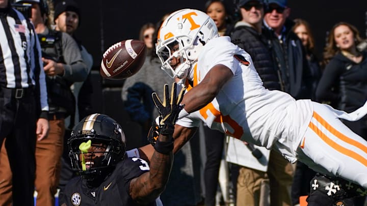 Tennessee defensive back Jermod McCoy (3) breaks up a pass intended for Vanderbilt wide receiver Quincy Skinner Jr. (3) during the first quarter at FirstBank Stadium in Nashville, Tenn., Saturday, Nov. 30, 2024.