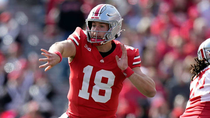 Ohio State Buckeyes quarterback Will Howard (18) throws the ball against Nebraska Cornhuskers during the first quarter of their game at Ohio Stadium on Oct 26, 2024, in Columbus. Ohio State Buckeyes quarterback Will Howard (18) throws the ball against Nebraska Cornhuskers during the first quarter of their game at Ohio Stadium on Oct 26, 2024, in Columbus.